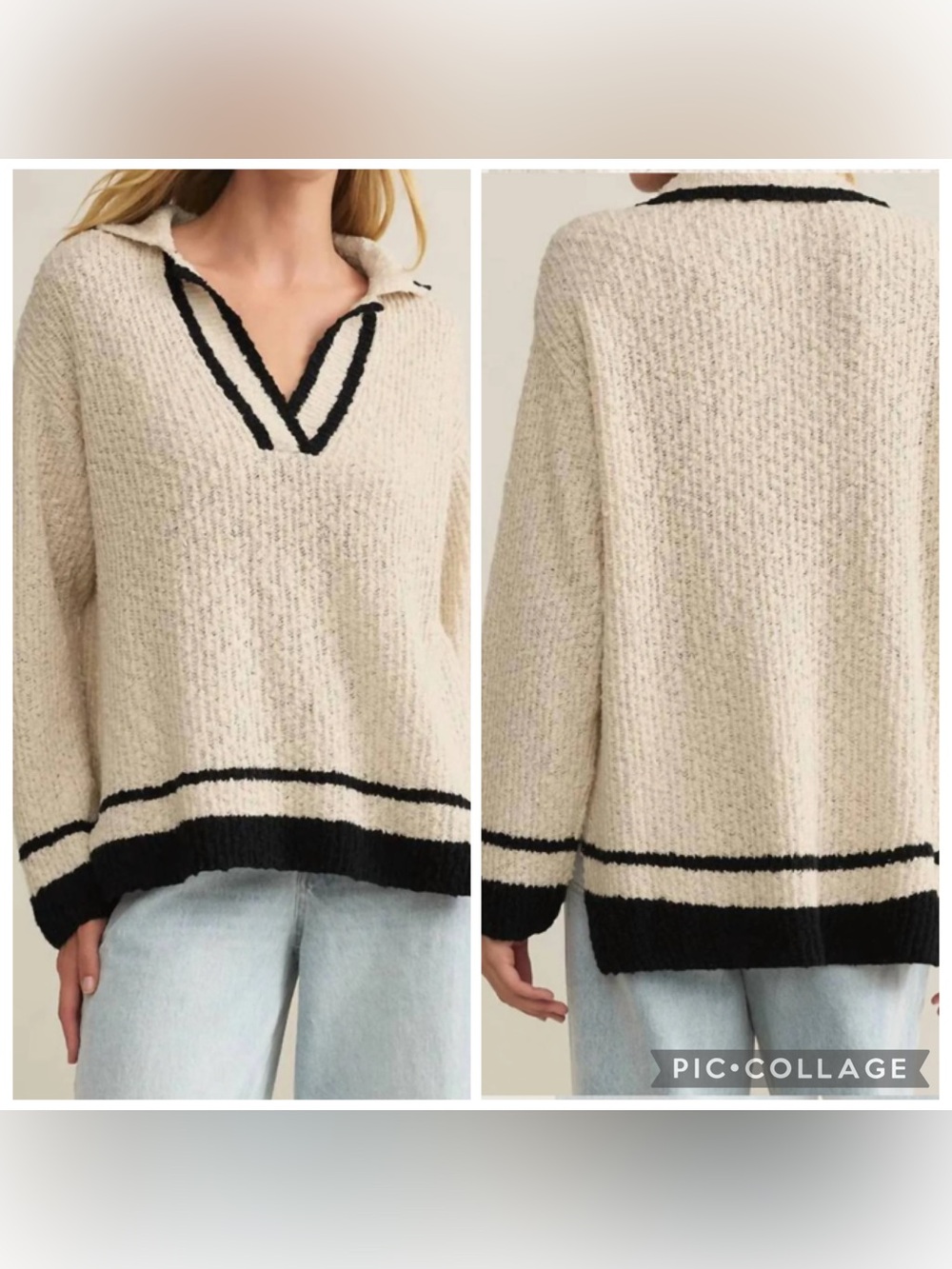 NWT Z Supply Hammond Cozy Cream V-Neck Pullover Sweater with Navy Trim